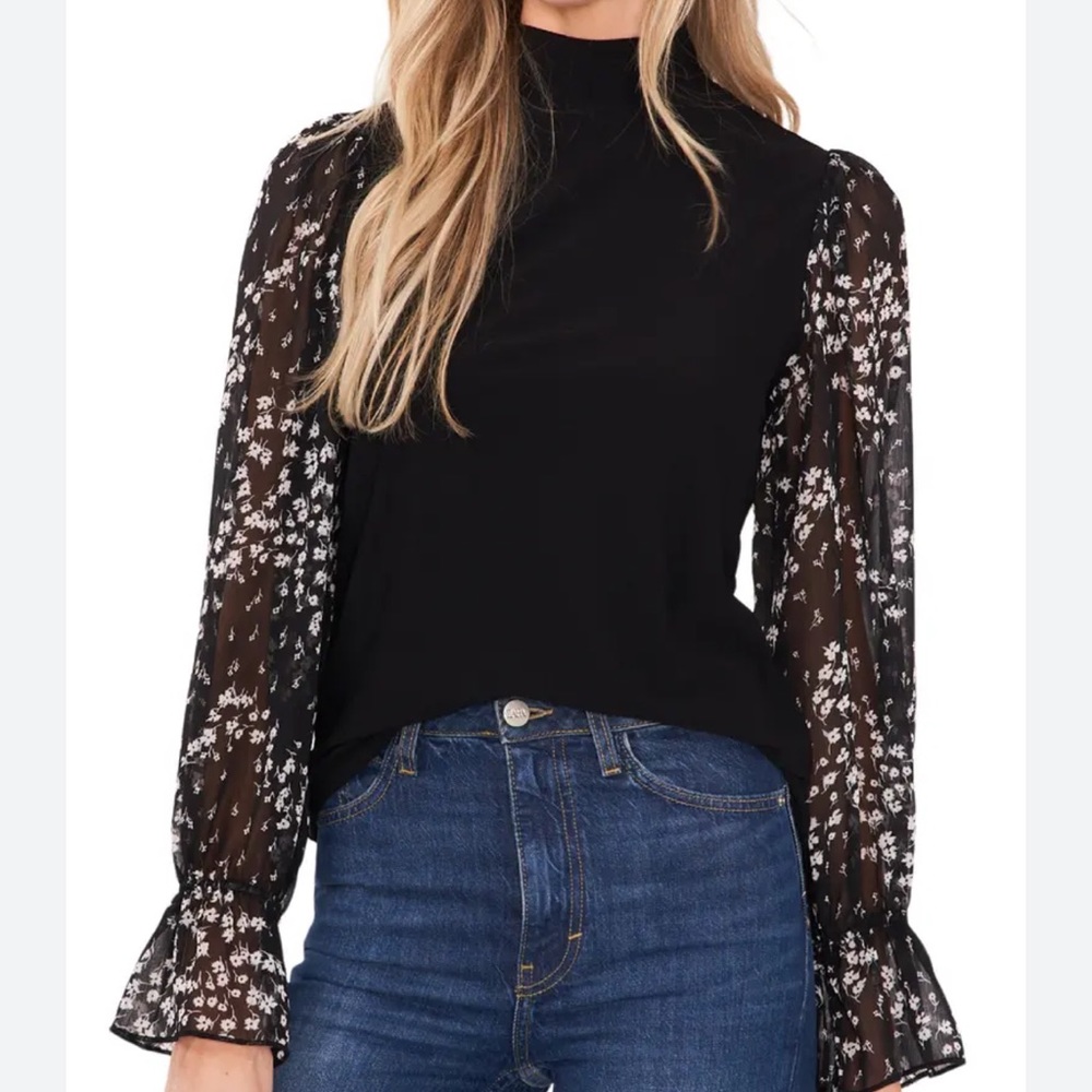 CeCe Mock Neck, SHEER Floral Print Long Sleeve Top.